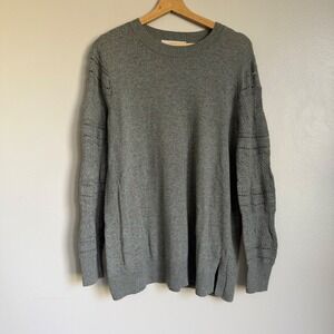 Loft Gray Wool Blend Pointelle Cable Knit Sleeve Crewneck Sweater XL Cozy Tunic